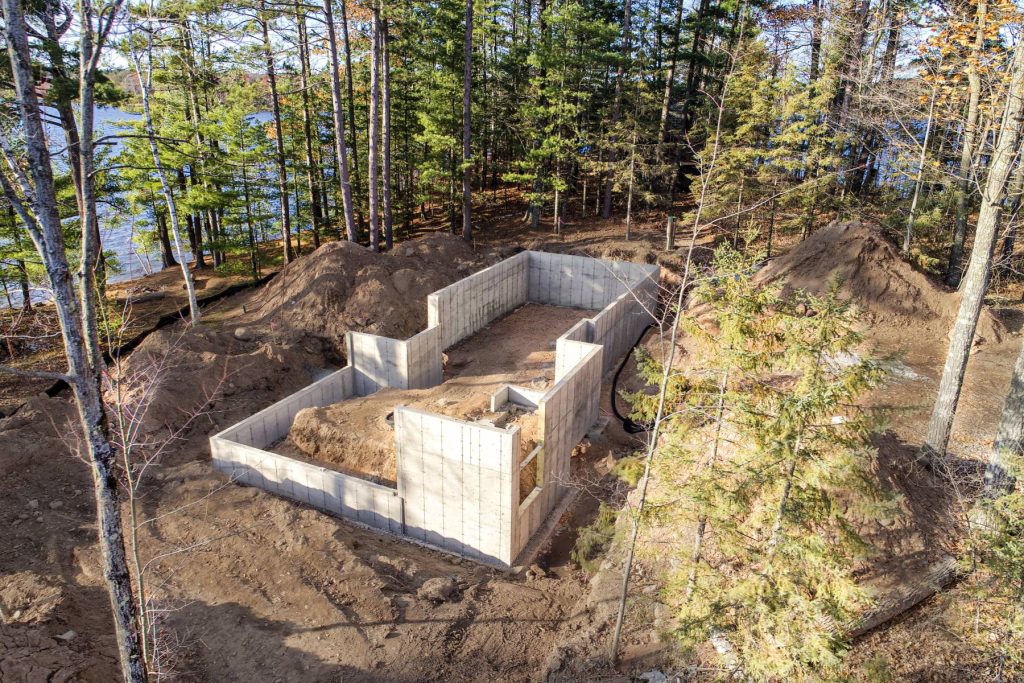 Aerial view of a poured concrete basement foundation for a custom home in Northwest Wisconsin.